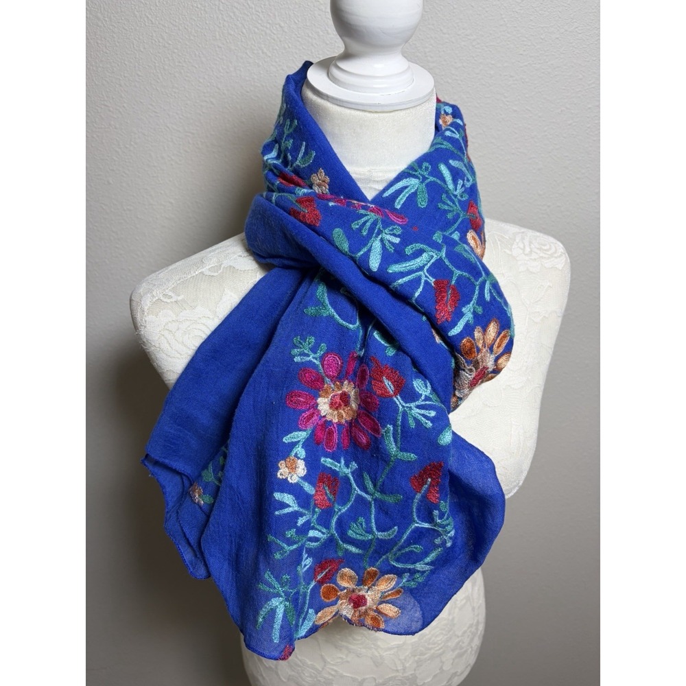 Embroidered Floral Blue Boho Scarf Shawl Wrap~36" x 64"~Soft Gypsy Festival - Picture 4 of 13